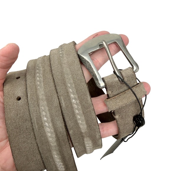 John Varvatos Mens Leather Suede Houston Buckle Belt Size 42 Lead NWT $368